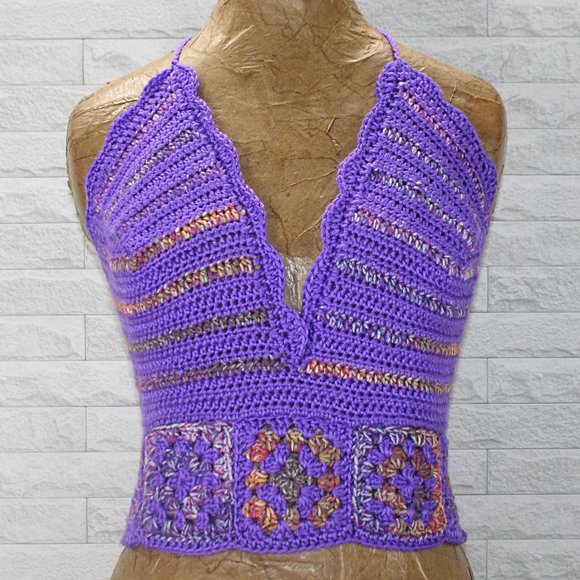 Hand Crafted Tops - HAND CRAFTED Crop Top Crochet Halter Granny Square Stripe Purple Festival Rave